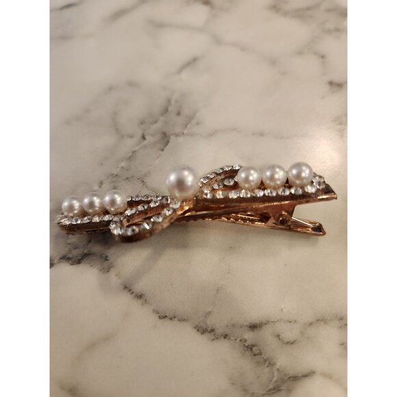 Vintage Elegant Faux Pearl & Rhinestone Hair Clip Barrette Bow Design - Picture 2 of 3